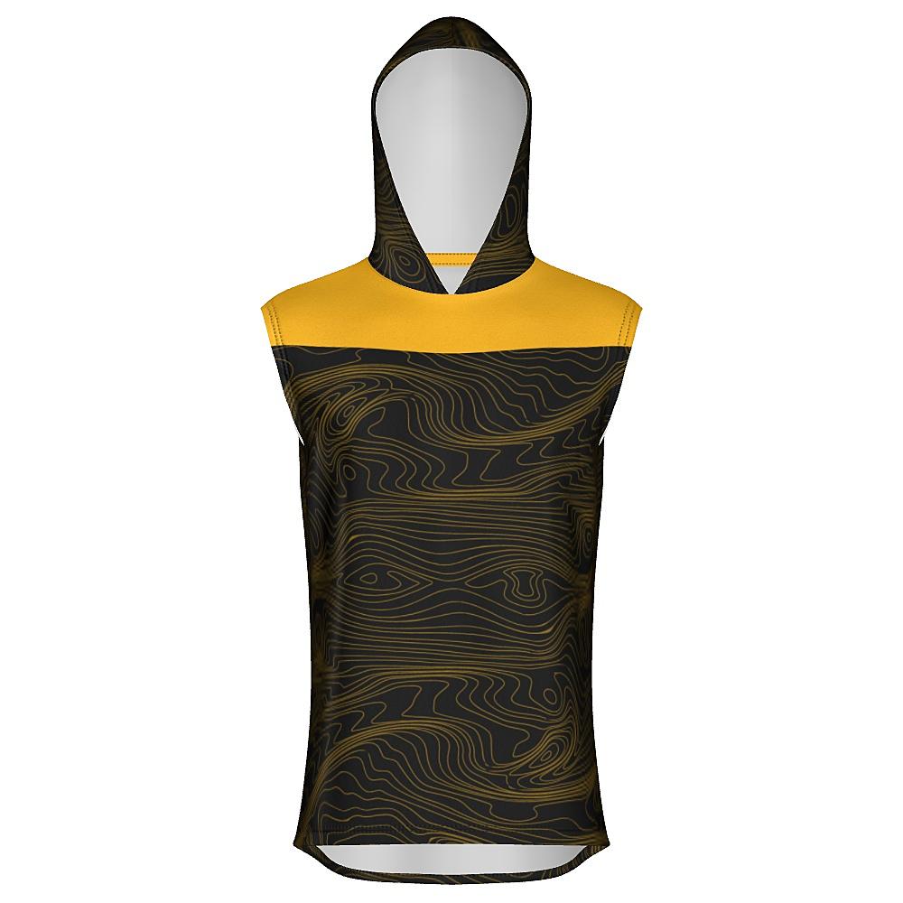 Black sleeveless hoodie with yellow accents and topographic design on a white background