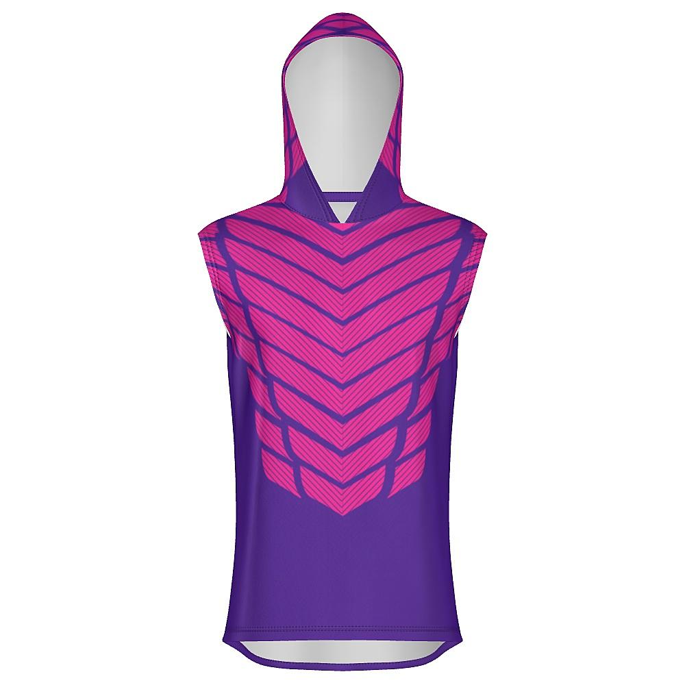 Pink and purple sleeveless hoodie with striped design on a white background