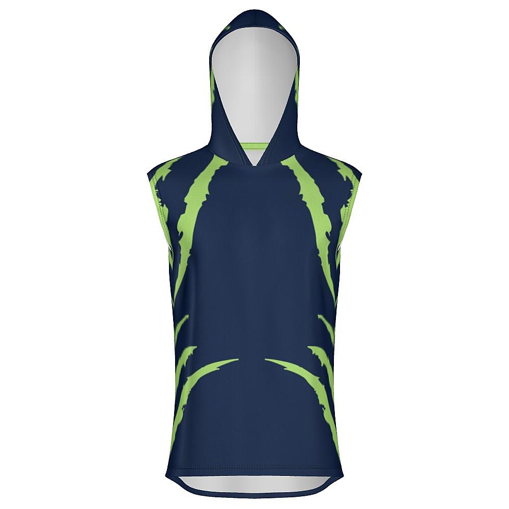 Blue sleeveless hoodie with green accents on a white background