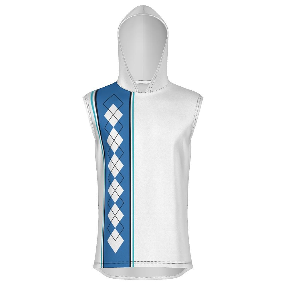 White sleeveless hoodie with blue argyle design on a white background