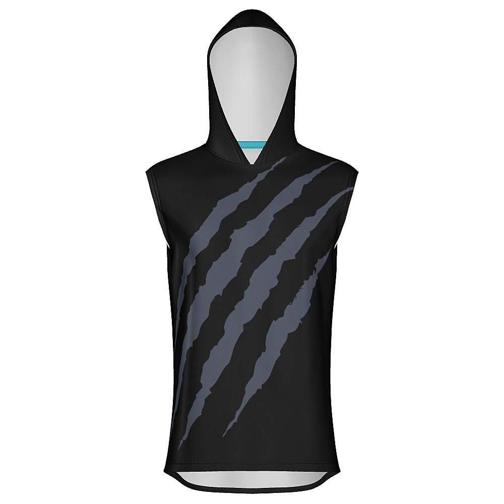 Black sleeveless hoodie with grey claw-mark design on a white background
