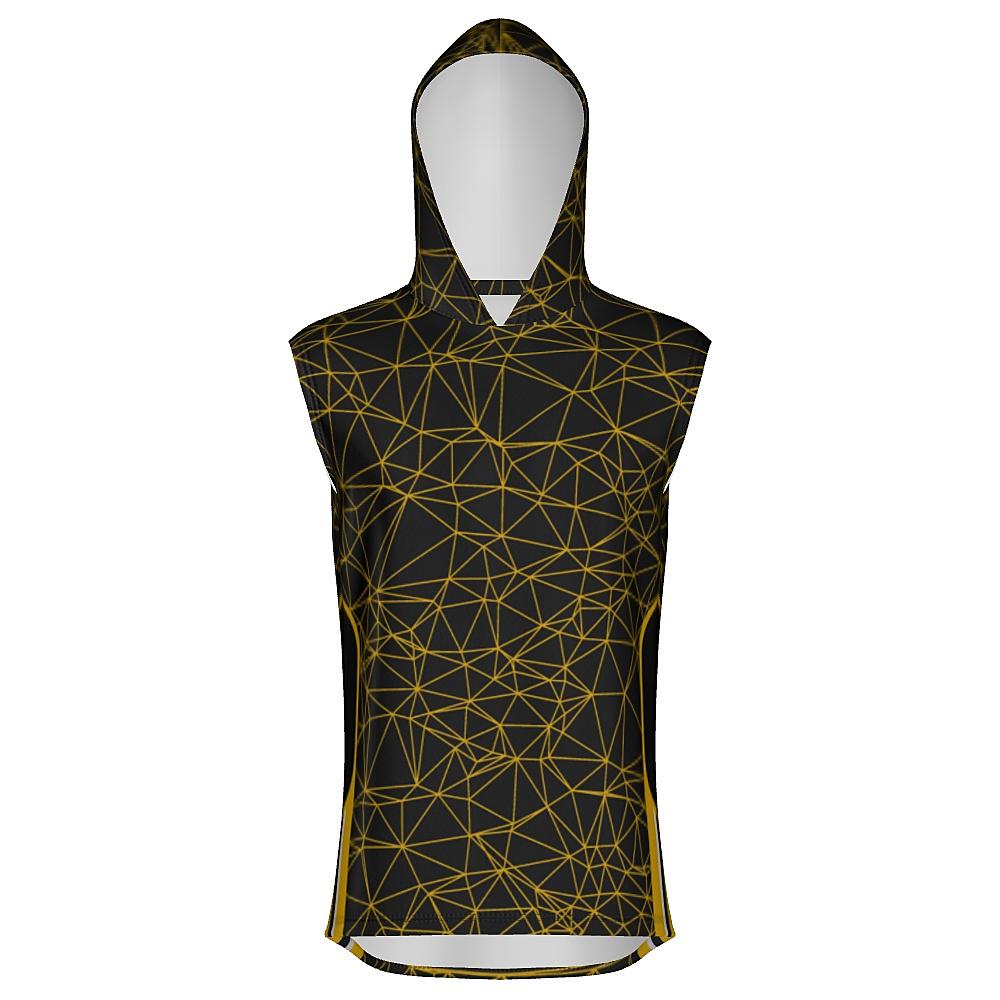 Black sleeveless hoodie with yellow geometric design on a white background