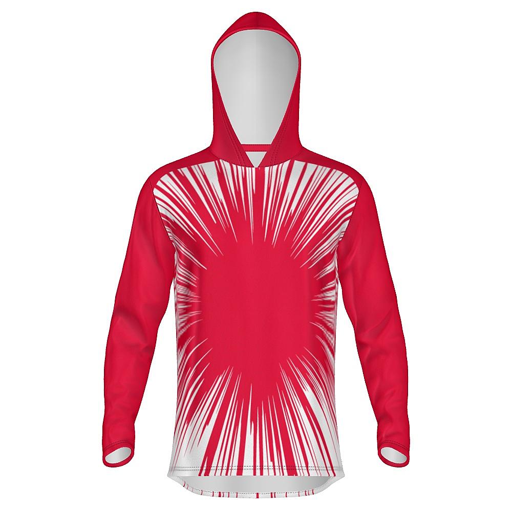 Red hoodie with starburst design on a white background