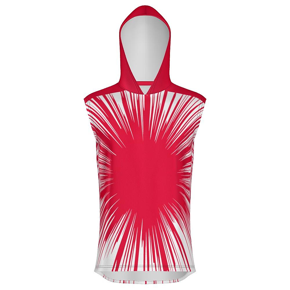 Red sleeveless hoodie with starburst design on a white background