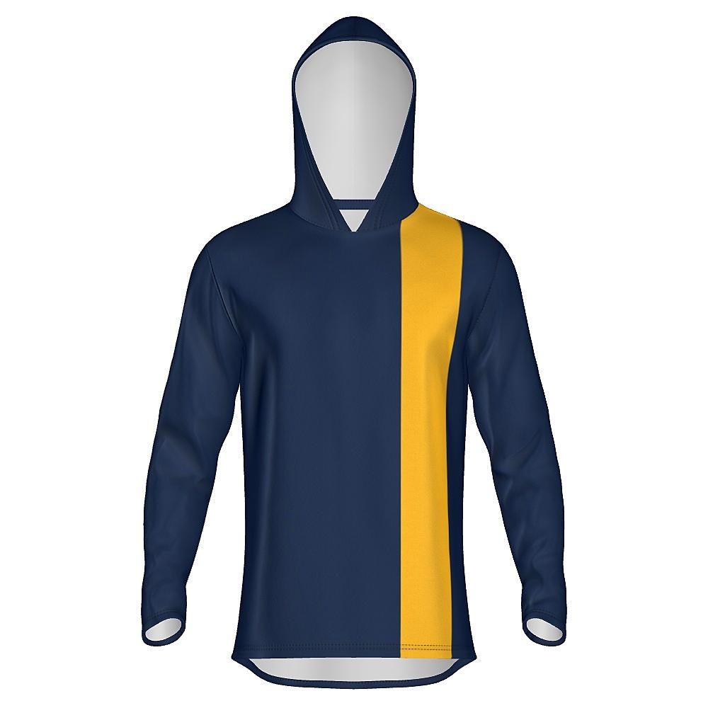 Navy hoodie with yellow stripes on a white background