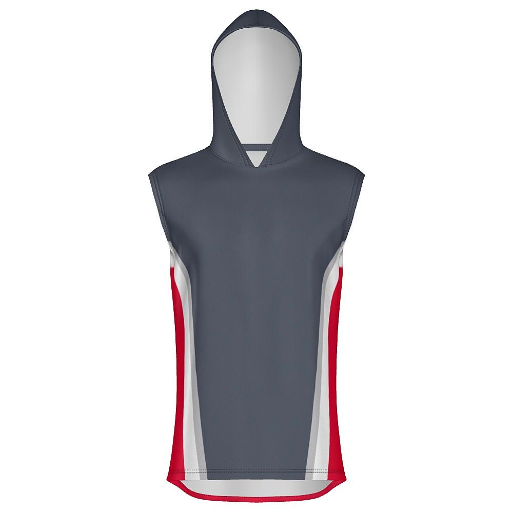 Grey sleeveless hoodie with white and red accents on a white background