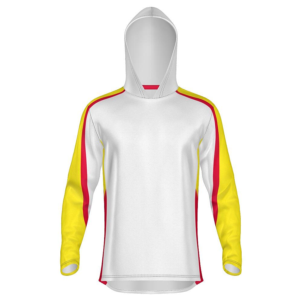 White hoodie with yellow and red accents on a white background