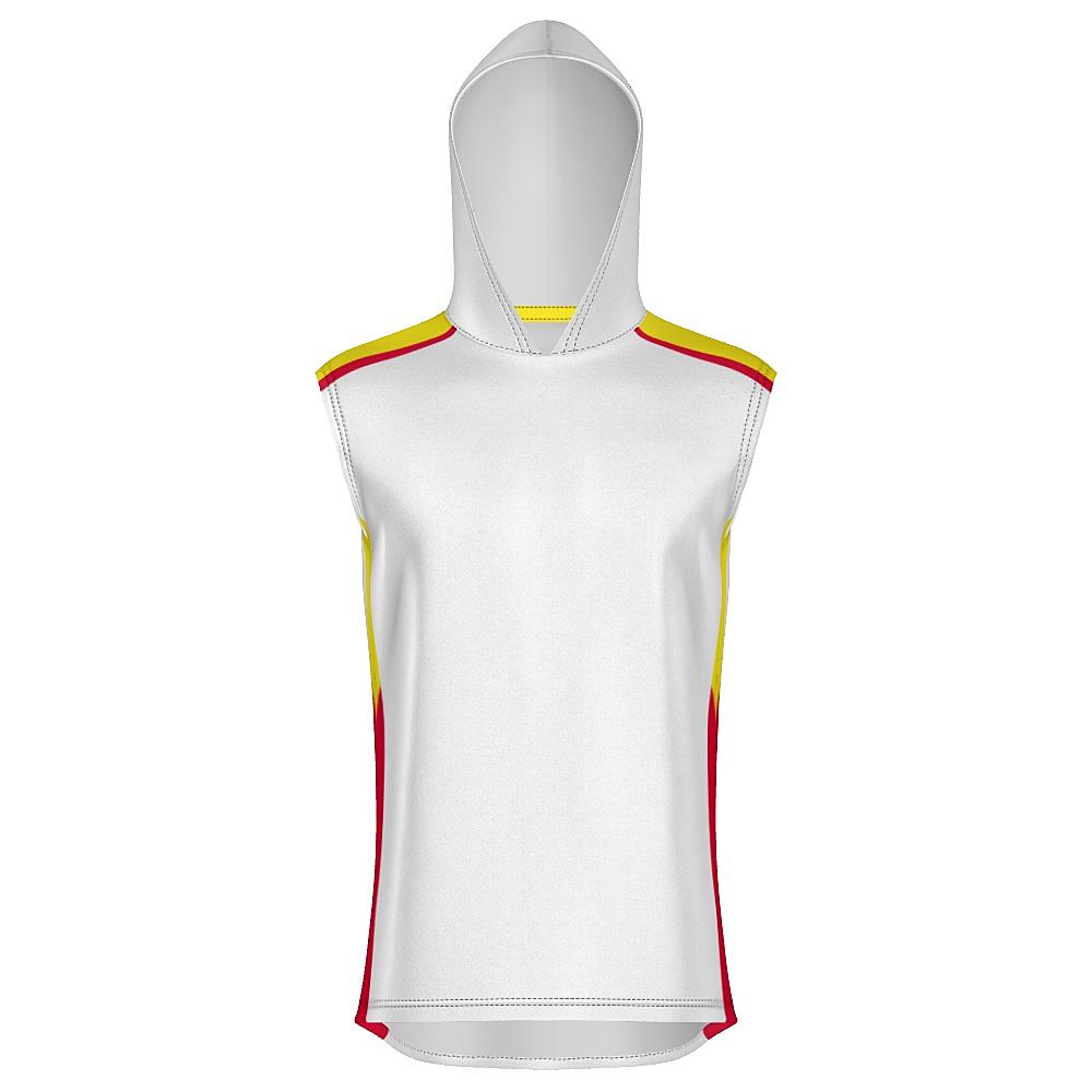 White sleeveless hoodie with yellow and red accents on a white background