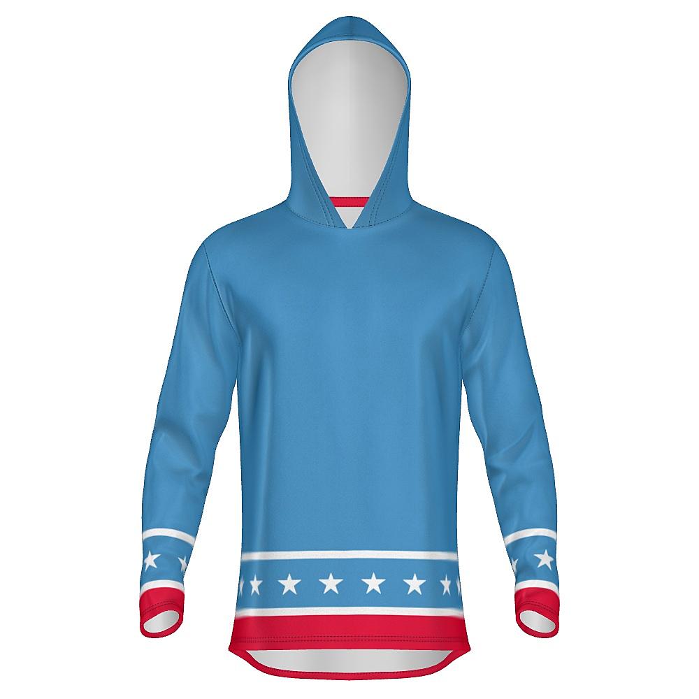 Blue hoodie with white stars and red stripes on a white background