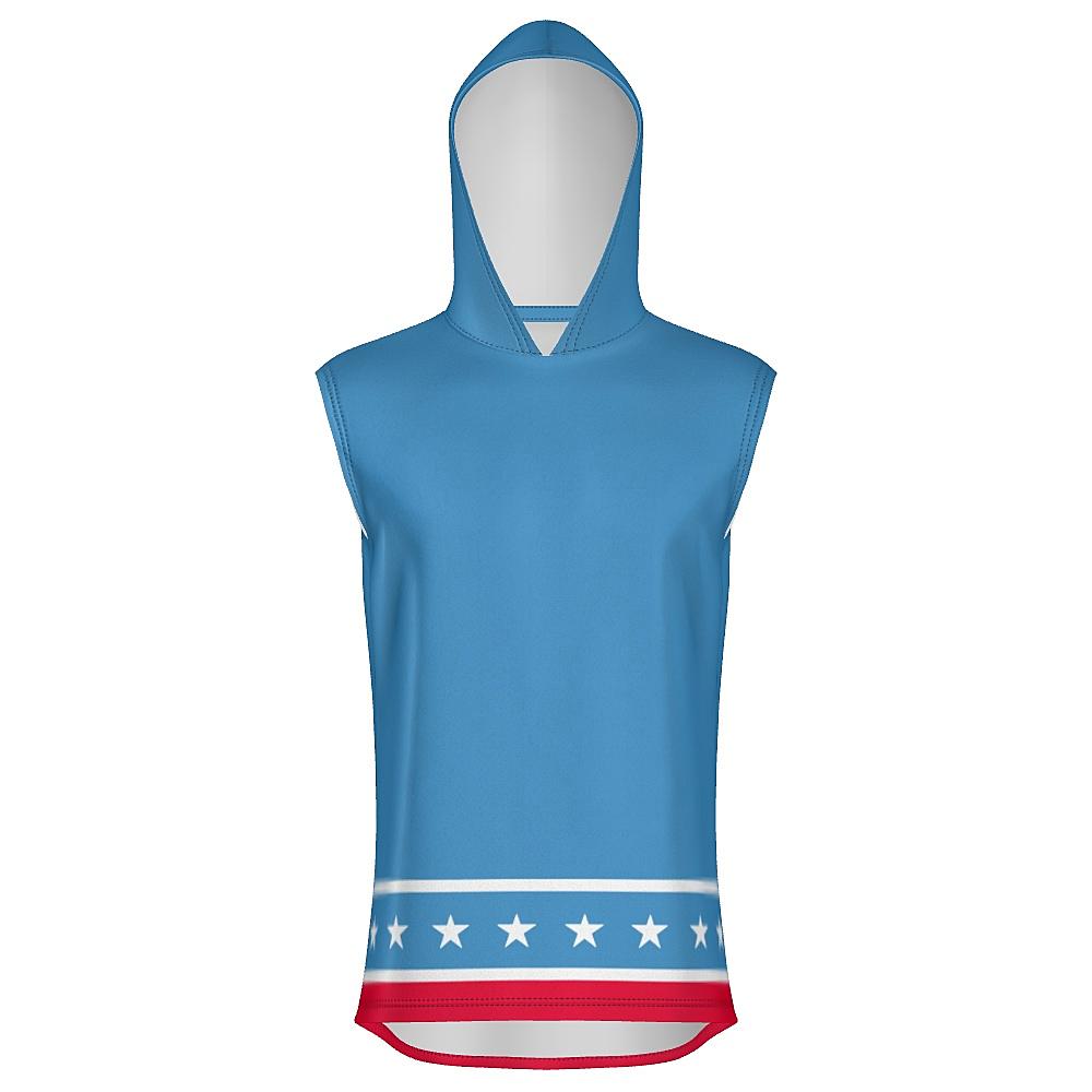 Blue sleeveless hoodie with white stars and red stripes on a white background