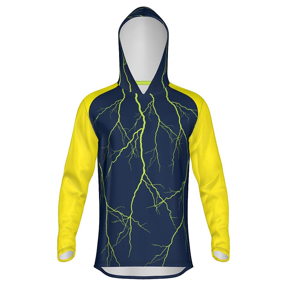 Navy hoodie with yellow sleeves and lightning design on a white background