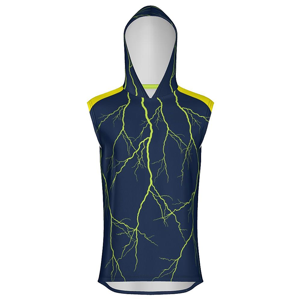 Navy sleeveless hoodie with yellow shoulders and lightning design on a white background