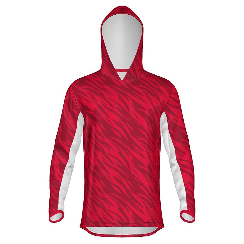 Red hoodie with wavy design and white accents on a white background