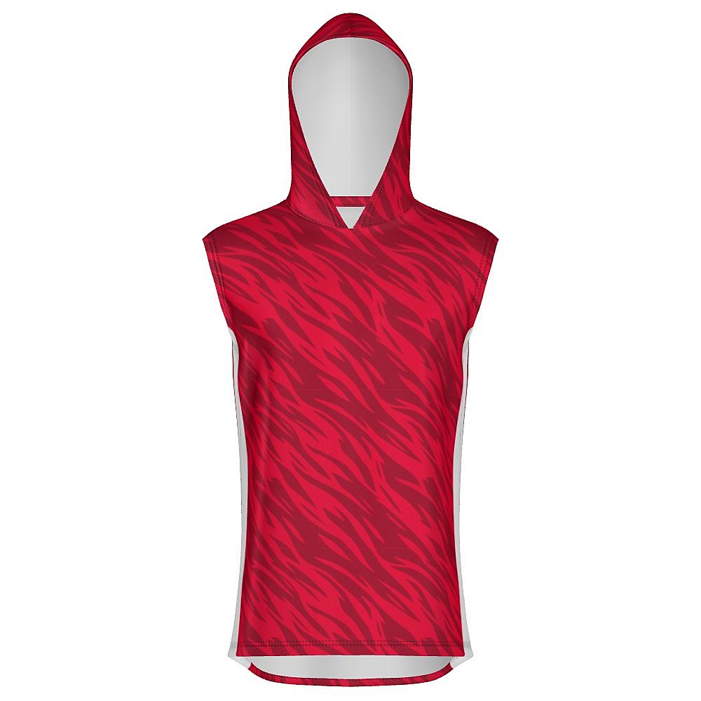 Red sleeveless hoodie with wavy design and white accents on a white background