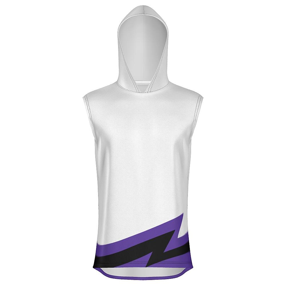 White sleeveless hoodie with black and purple accents on a white background
