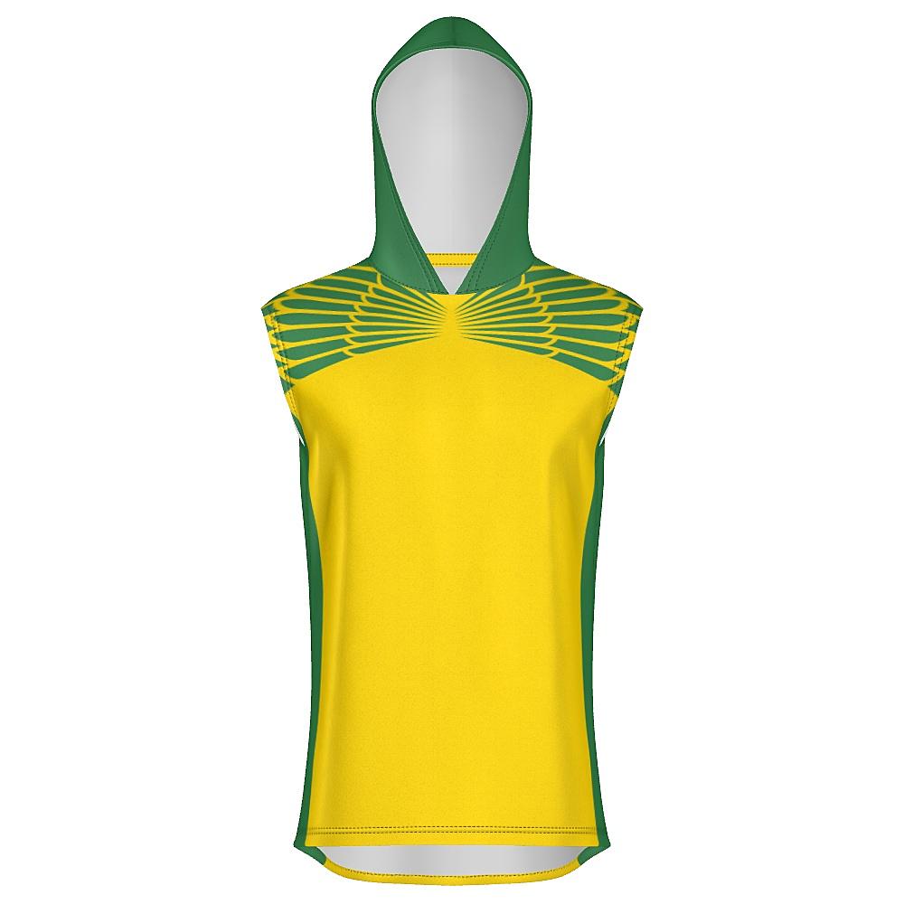 Yellow and green sleeveless hoodie with feather design on upper chest and back