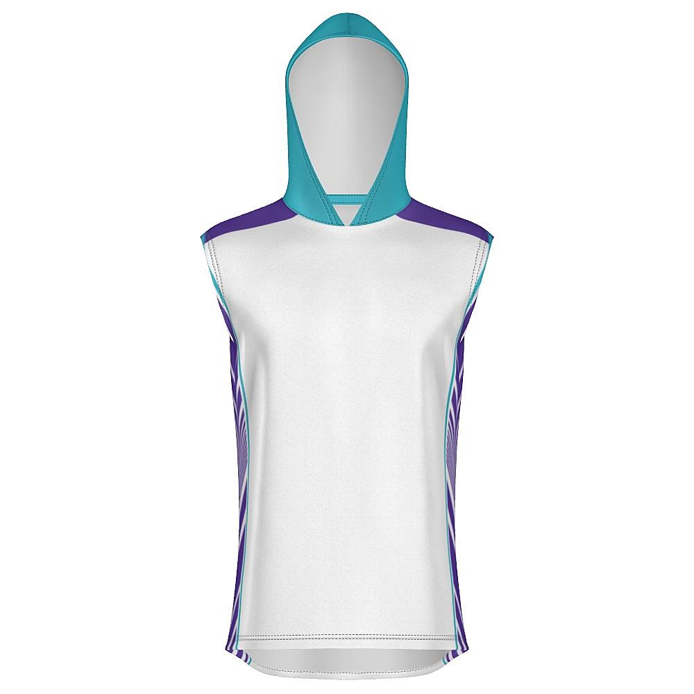 White sleeveless hoodie with teal and purple accents on a white background