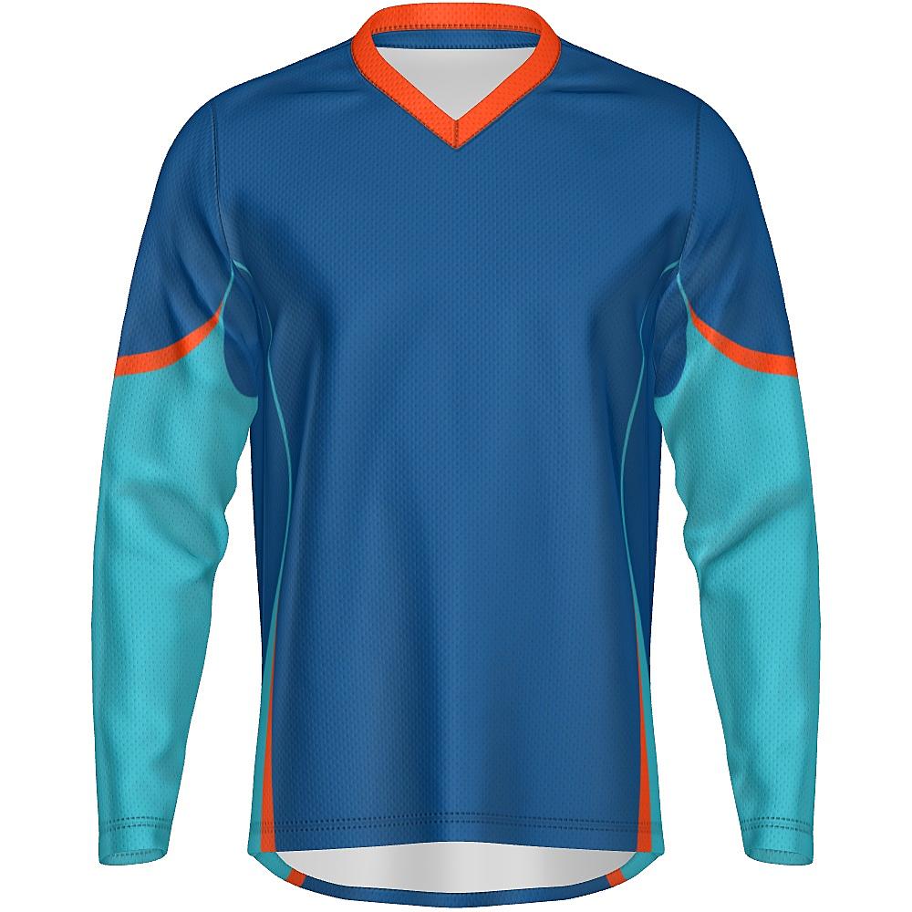 Blue long-sleeve top with teal and orange accents on a white background