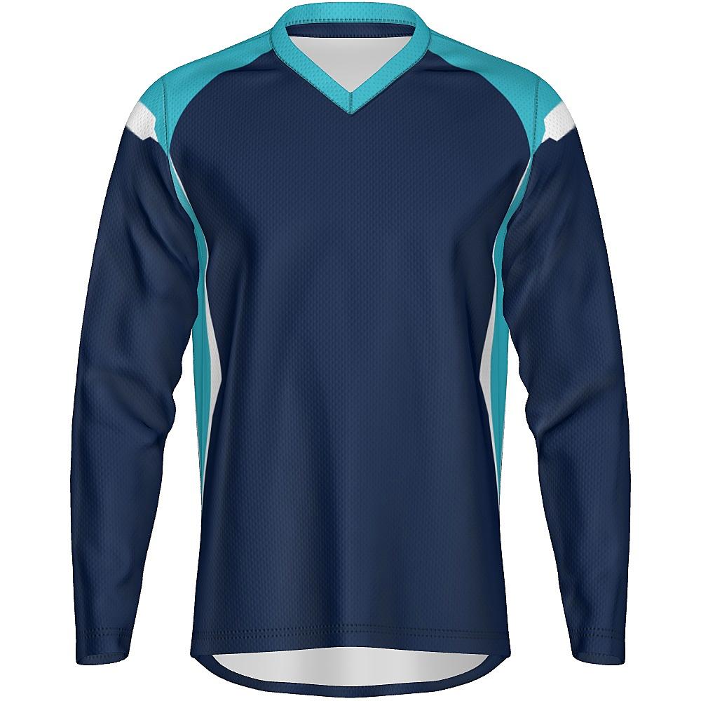 Navy long-sleeve shirt with light blue and white accents on a white background