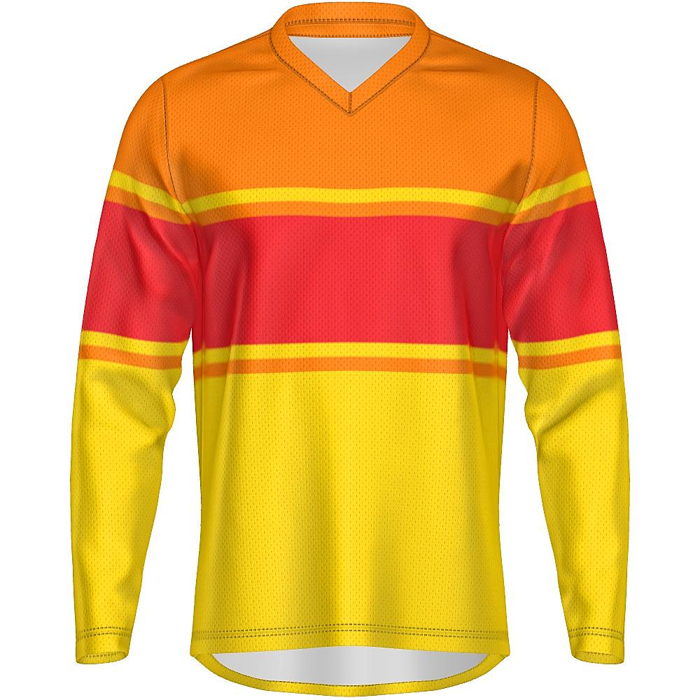 Red, orange and yellow long-sleeve shirt on a white background