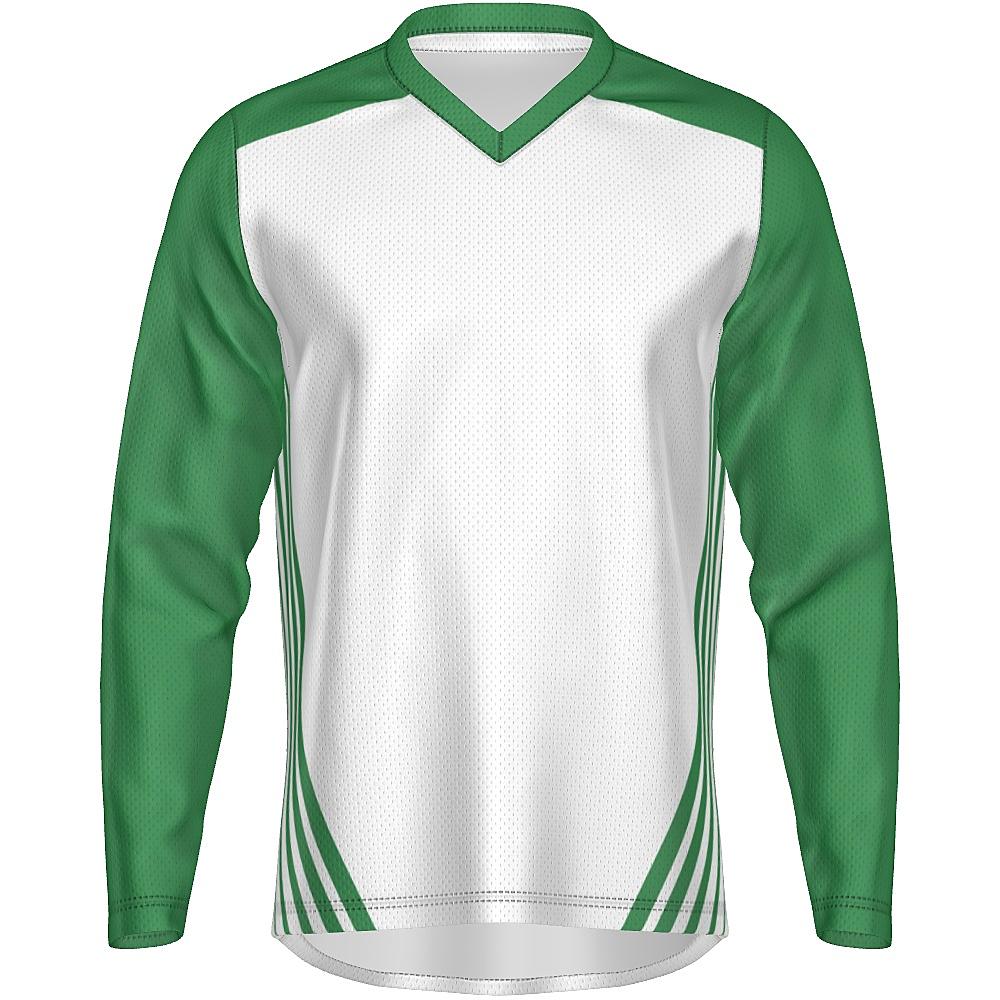 White long-sleeve shirt with green accents on a white background