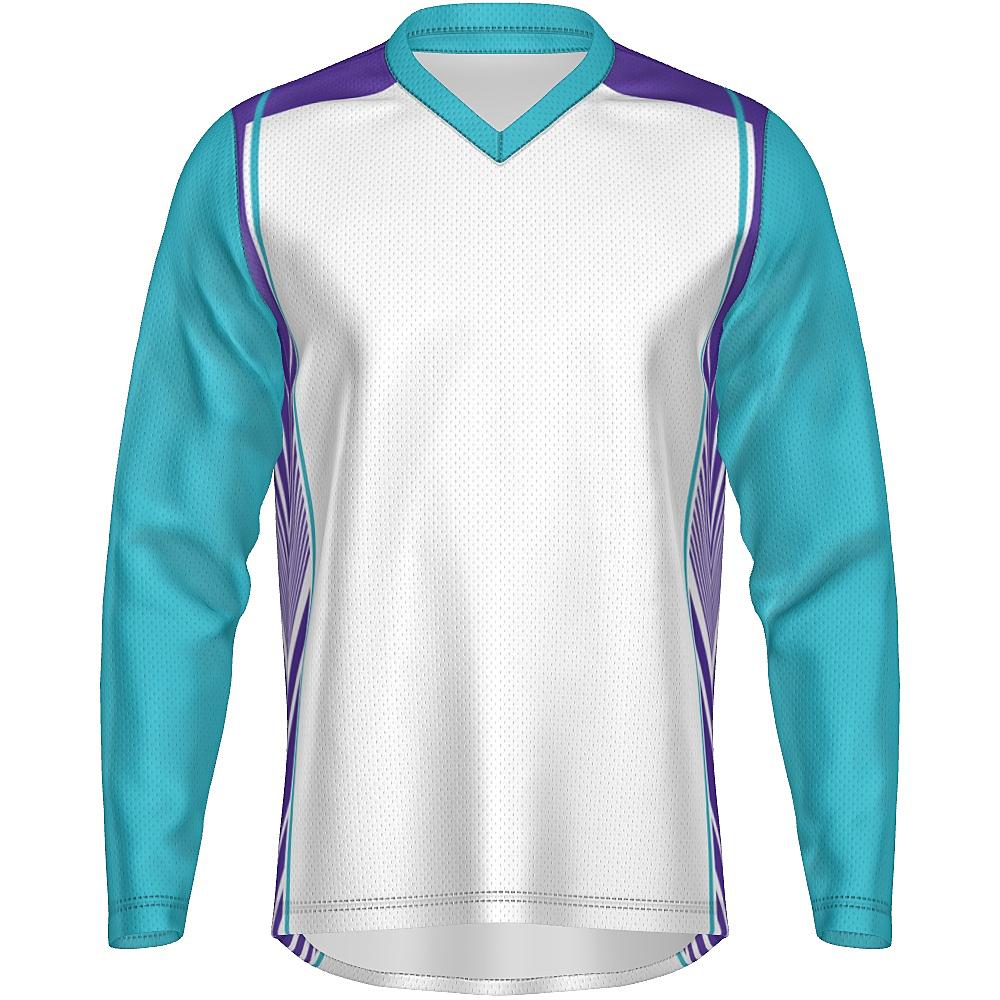 White long-sleeve shirt with teal and purple accents on a white background