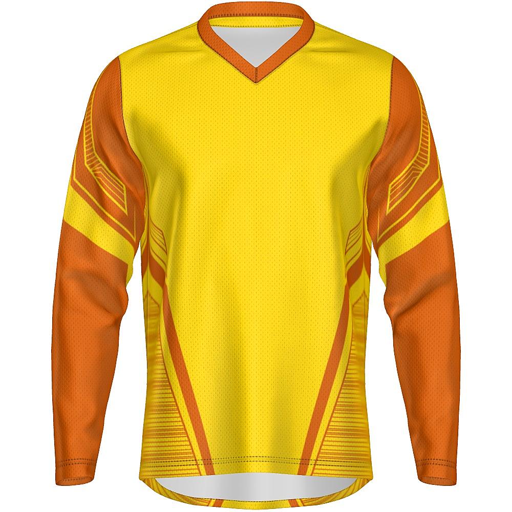 Yellow long-sleeve shirt with orange accents on a white background