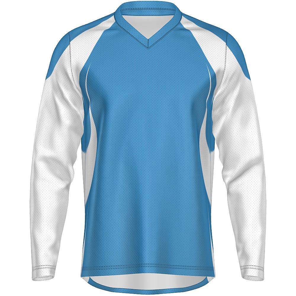 Blue long-sleeve shirt with white accents on a white background