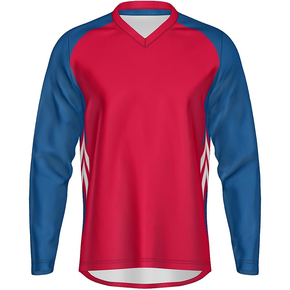 Red long-sleeve shirt with blue and white accents on a white background
