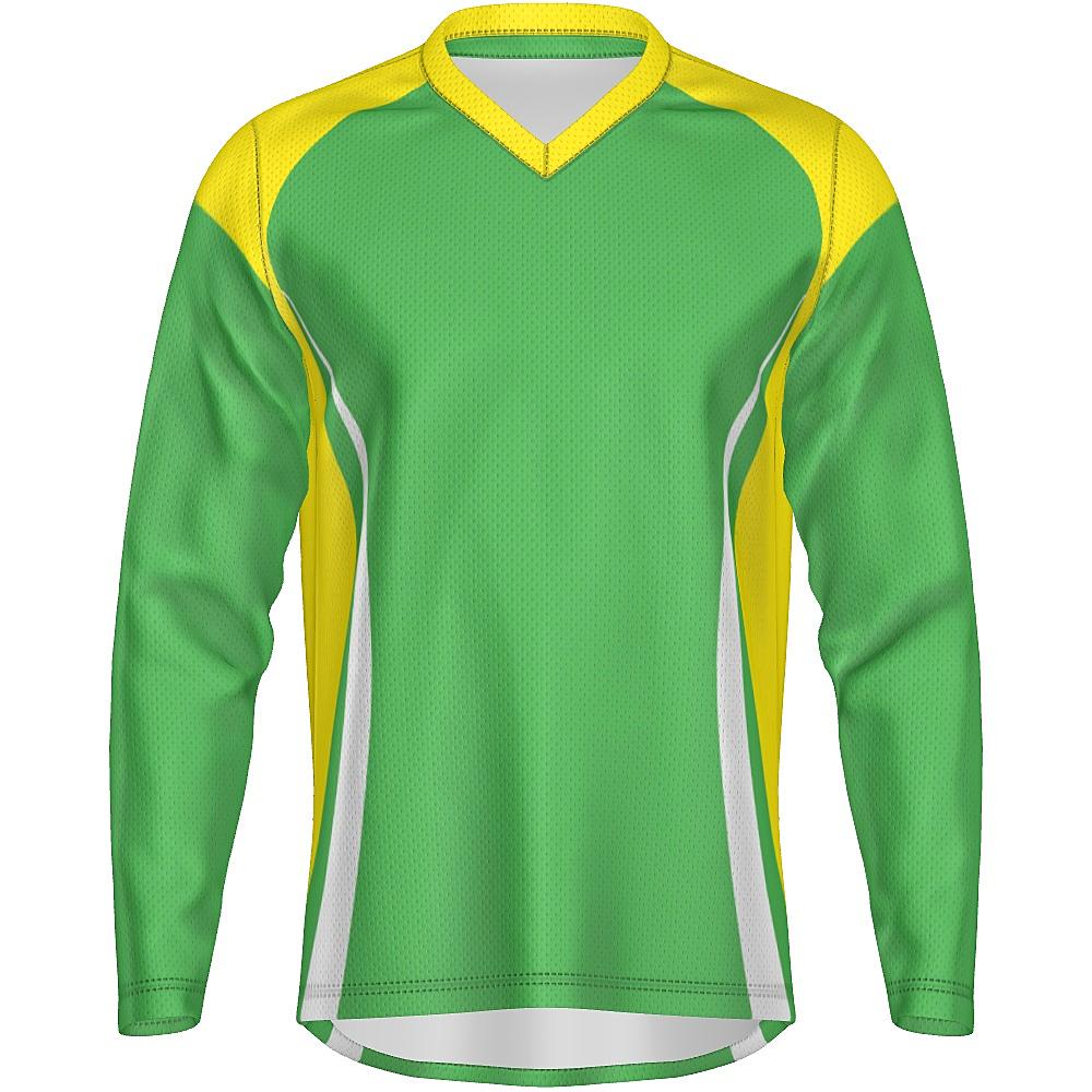 Green long-sleeve shirt with yellow and white accents on a white background