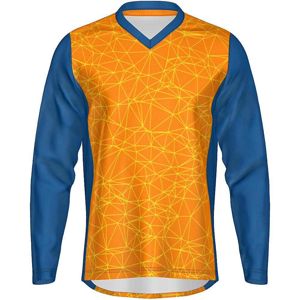 Orange long-sleeve shirt with yellow geometric design and blue accents on a white background