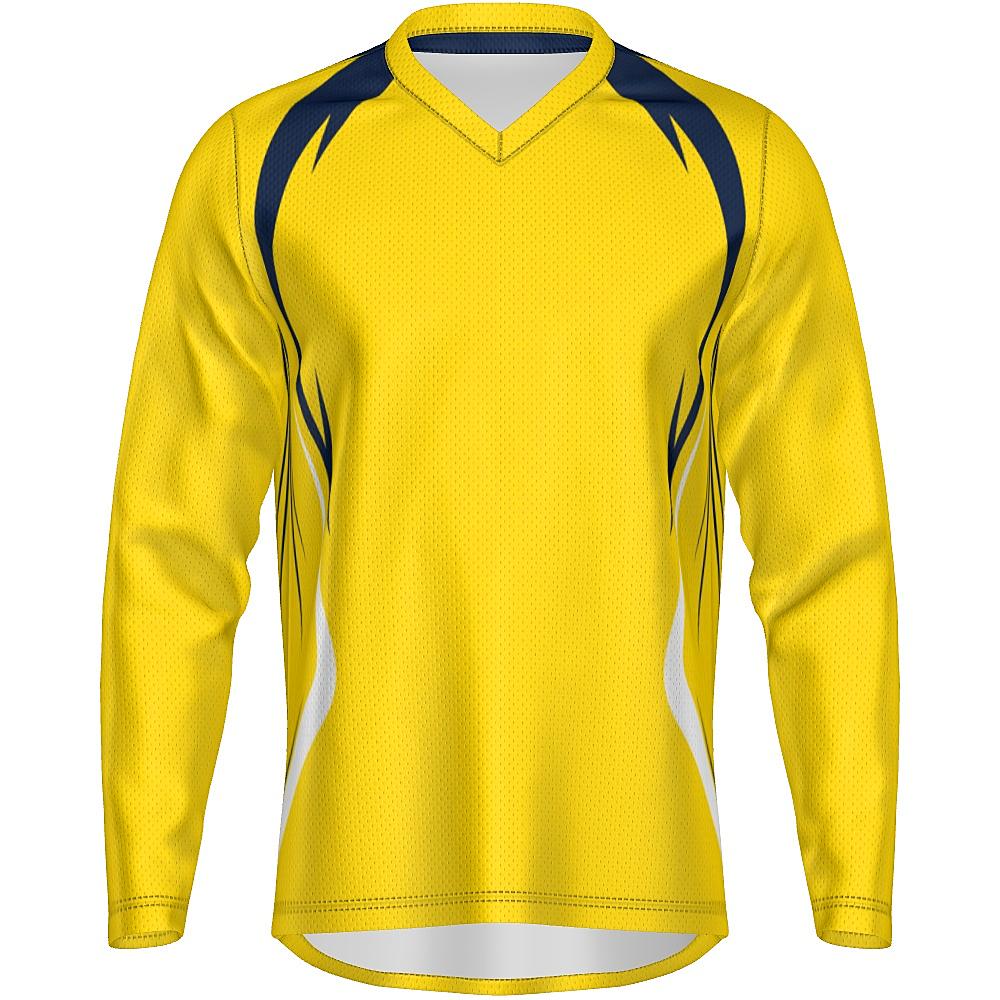 Yellow long-sleeve shirt with navy and white accents on a white background