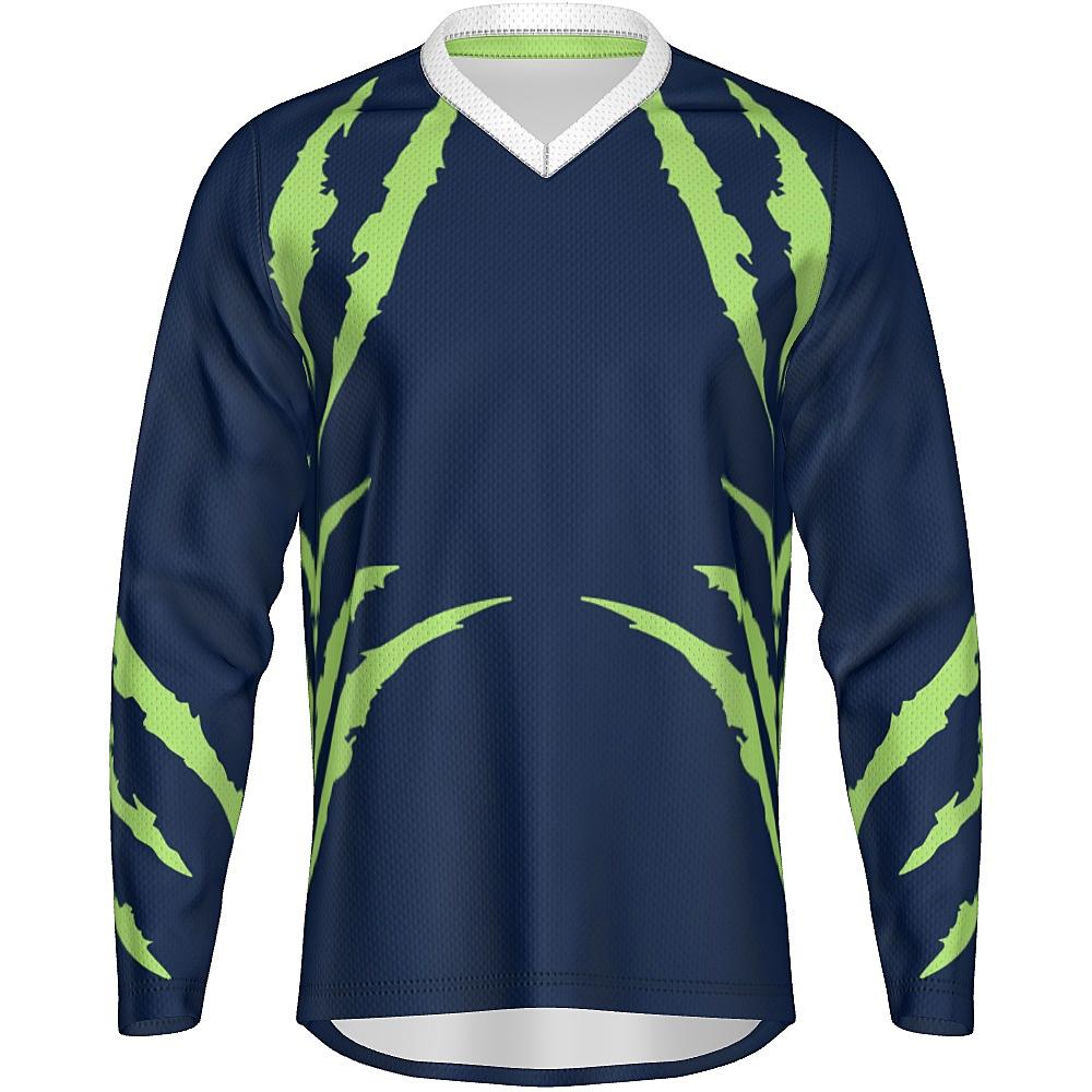 Blue long-sleeve shirt with green accents on a white background
