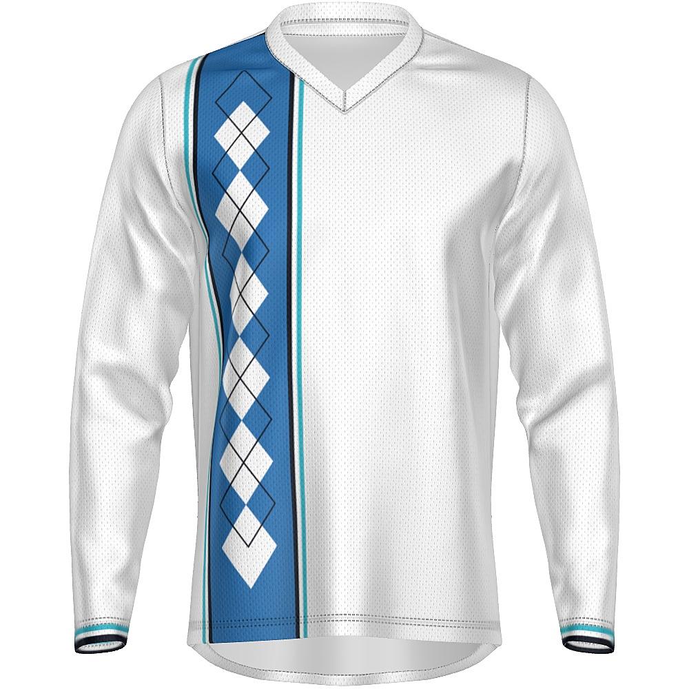 White long-sleeve shirt with blue argyle design on a white background