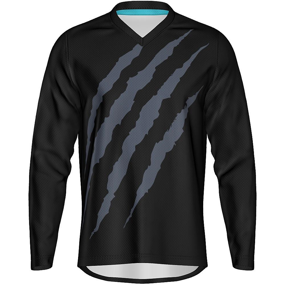 Black long-sleeve shirt with grey claw-mark design on a white background