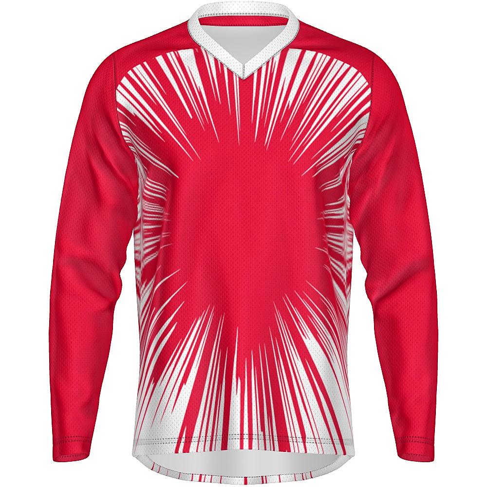 Red long-sleeve shirt with starburst design on a white background