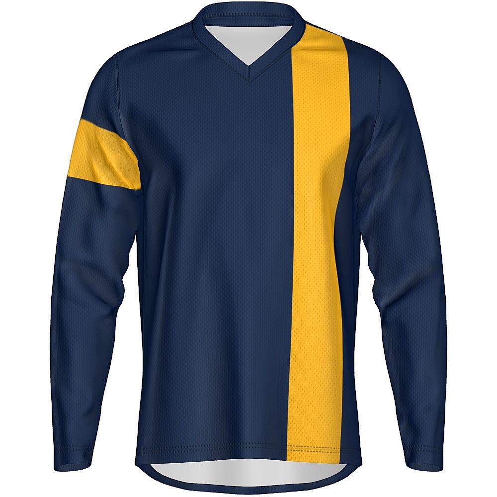 Navy long-sleeve shirt with yellow stripes on a white background