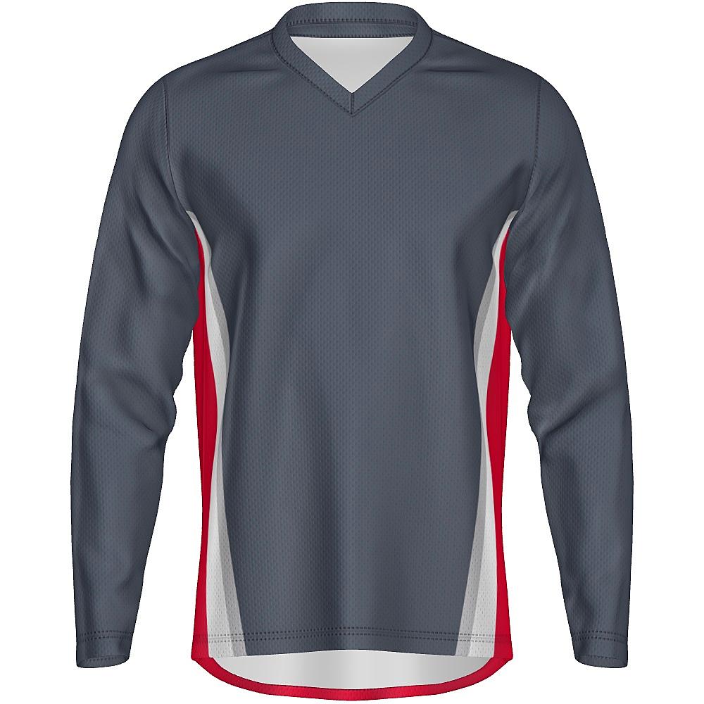 Grey long-sleeve shirt with white and red accents on a white background
