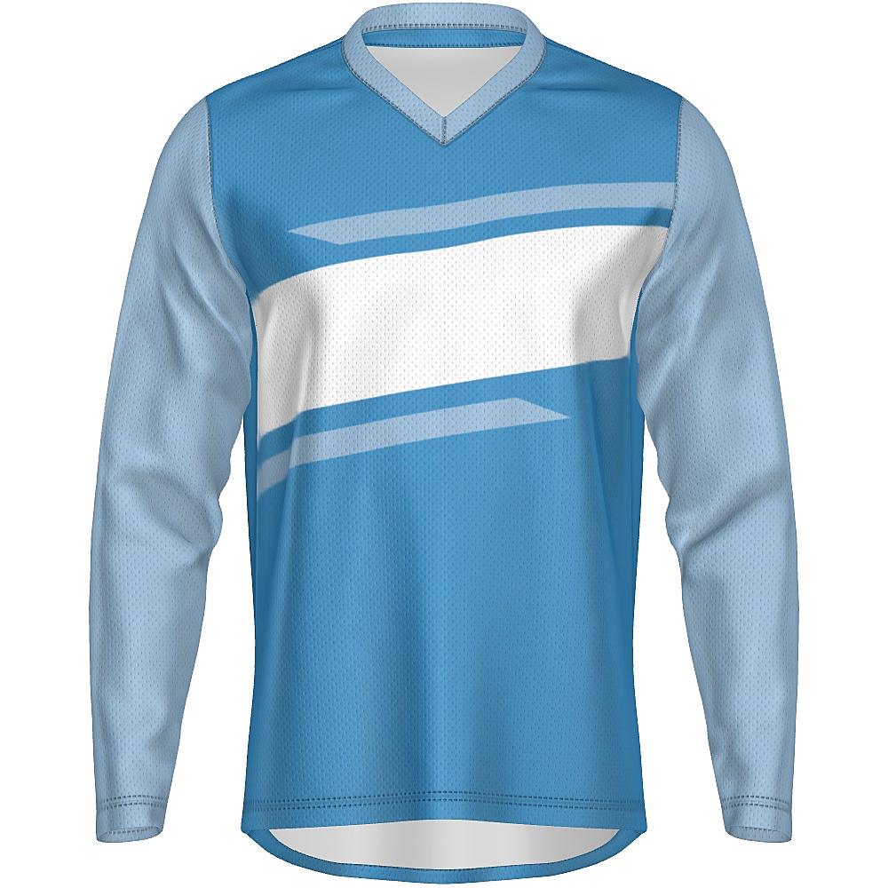 Blue long-sleeve shirt with contrasting sleeves and white horizontal stripe on a white background