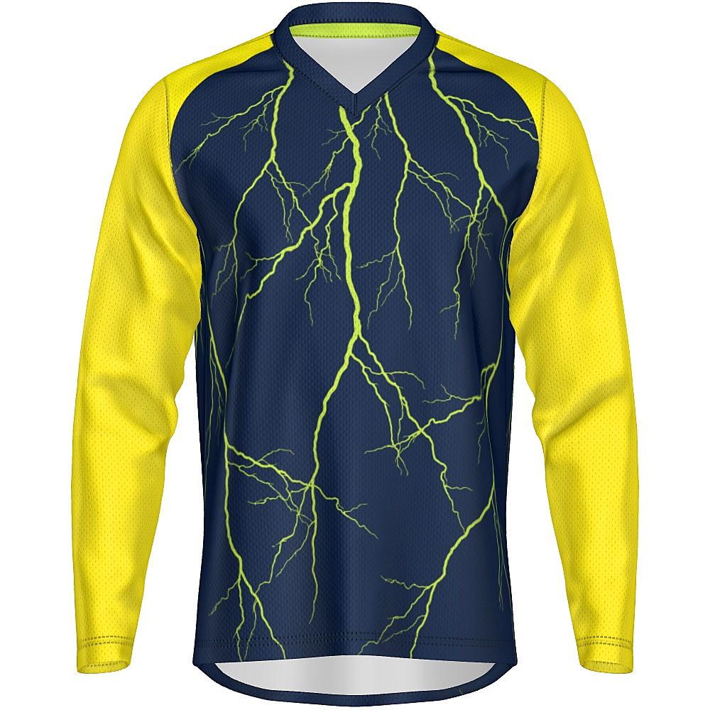 Navy long-sleeve shirt with yellow sleeves and lightning design on a white background