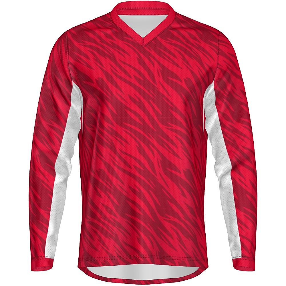 Red long-sleeve shirt with wavy design and white accents on a white background