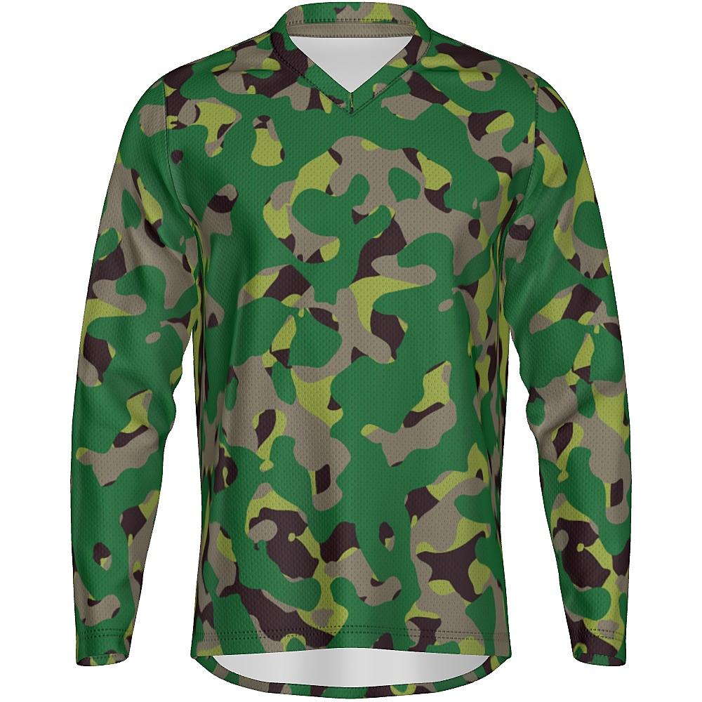 Long-sleeve shirt with green camouflage design on a white background