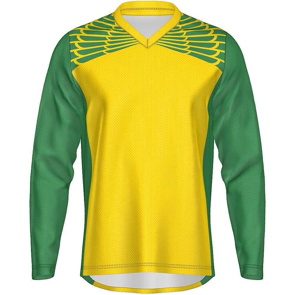 Yellow and green long-sleeve shirt with feather design on upper chest and back