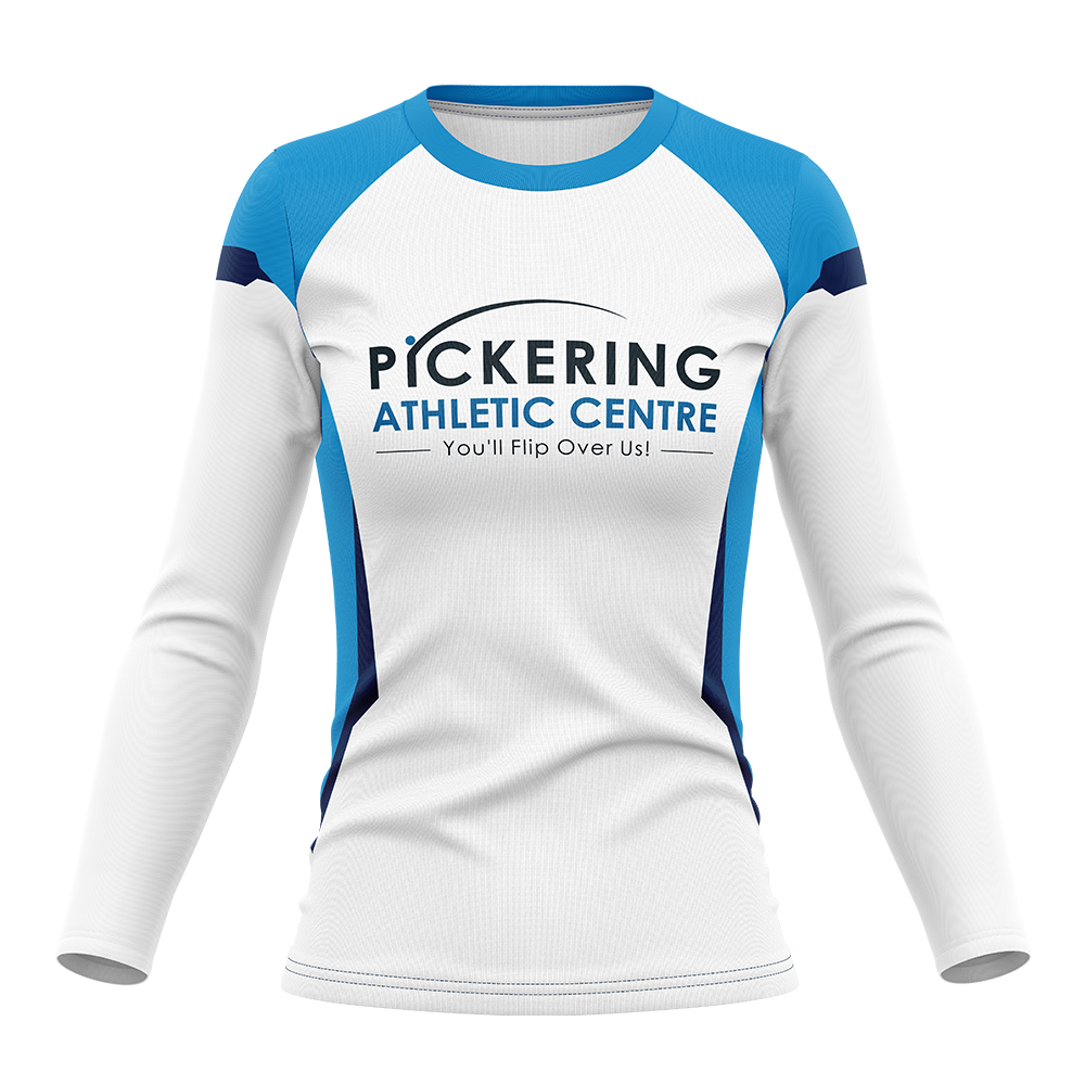 White long-sleeve shirt with blue accents featuring 'Pickering Athletic Centre' logo on a white background