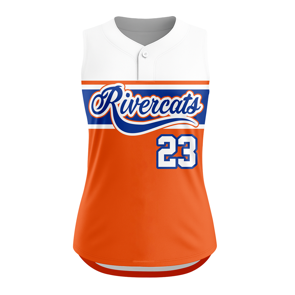Orange and white sleeveless sports jersey with 'Rivercats' and number '23' on a white background