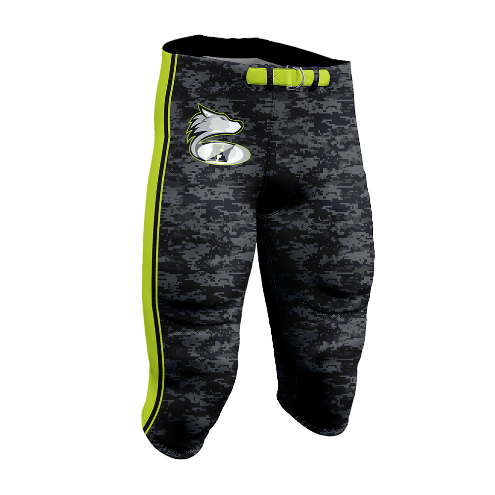 Black and gray camouflage pants with green accents on a white background