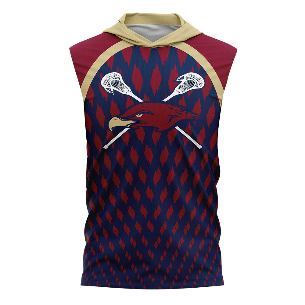 Sleeveless hoodie with eagle logo and lacrosse sticks on a blue and red patterned background