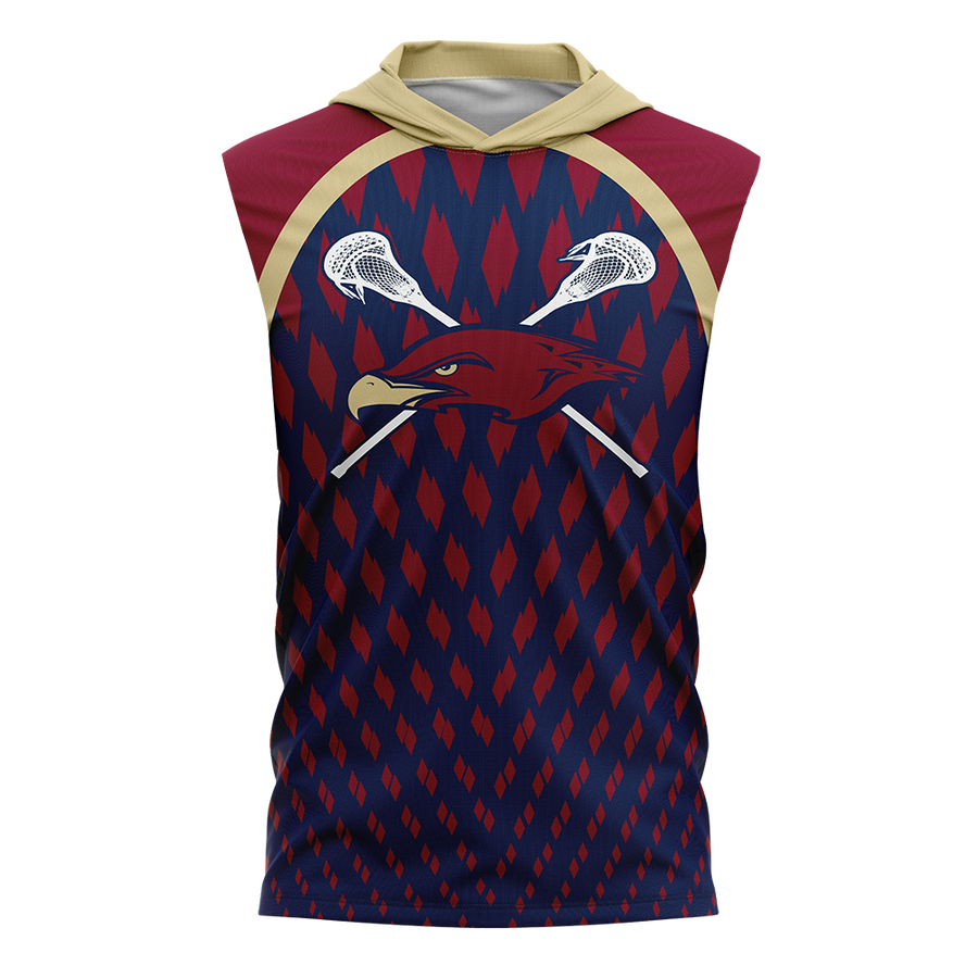 Sleeveless hoodie with eagle logo and lacrosse sticks on a blue and red patterned background