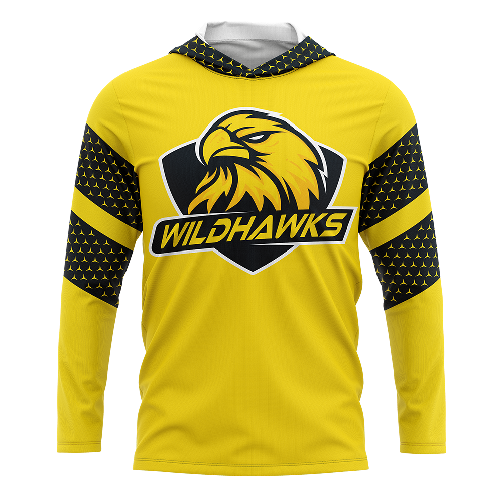 Yellow long-sleeve hooded shirt with eagle logo and 'Wildhawks' text on a white background