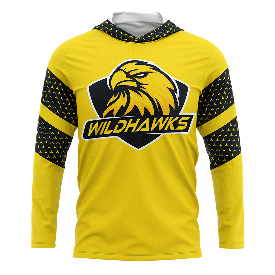 Yellow long-sleeve hooded shirt with eagle logo and 'Wildhawks' text on a white background